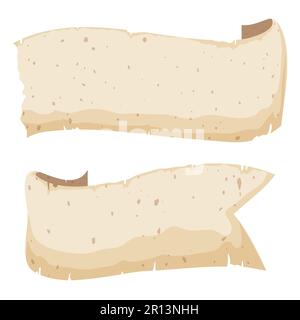 Two folded parchment labels with torn edges and blank space. Cartoon style design. Stock Vector