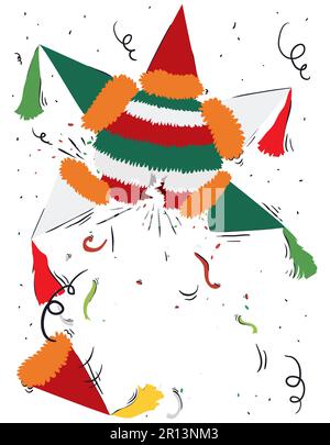 Festive scene of a broken pinata at a party with confetti and streamers. Design in flat colors and doodles. Stock Vector