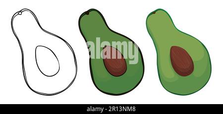 Three avocados in different versions: one in outlines for coloring, another in flat colors and the last one in cartoon style. Stock Vector