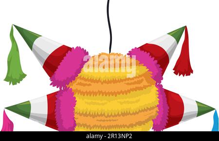 View of a colorful pinata hanging from a rope. Cartoon style design on white background. Stock Vector