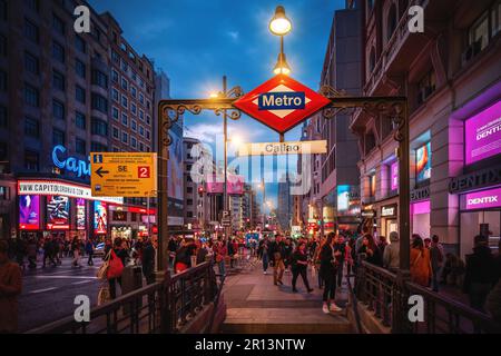 Callao Station entrance of Madrid Metro at Gran Via Street - Madrid, Spain Stock Photo