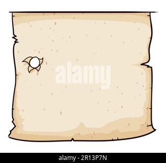 Aged scroll paper with torn edges and bullet hole. Template design in cartoon style on white background. Stock Vector