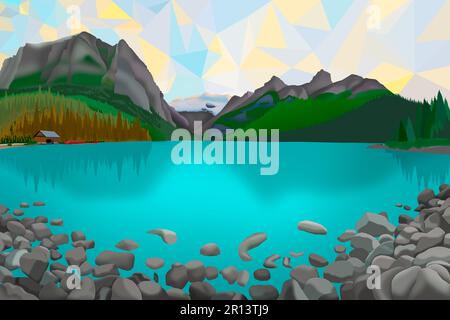 Digital artwork drawing of famous tourism area in Canada during summer time. Lake Louise abstract view turquoise water, iconic, travel scenic area Stock Photo