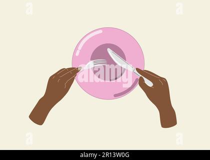 People hands eating close up vector illustration. Palms using fork and knife on a plate flat style drawing Isolated Stock Vector