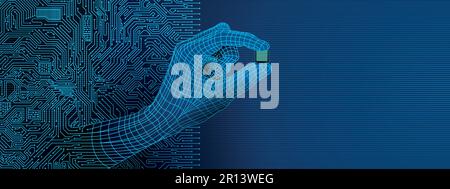 Hand comes out of a circuit board holding between his fingers a microchip. Drawing in light blue lines on a dark blue background Image with copy space Stock Vector