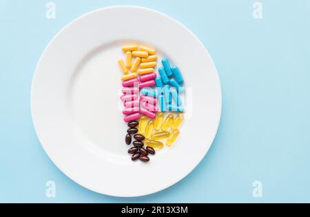 Food supplements-capsules of bright color lie on a white plate in a heap. Concept of medicine and health Stock Photo