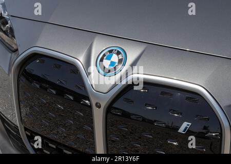 Indianapolis - Circa May 2023: BMW i4 eDrive35 EV Electric Vehicle display at a dealership. BMW offers the i4 eDrive35 with up to 260 miles of range. Stock Photo