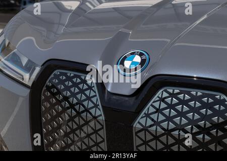 Indianapolis - Circa May 2023: BMW iX xDrive50 EV Electric Vehicle display at a dealership. BMW offers the iX xDrive50 with up to 300 miles of range. Stock Photo