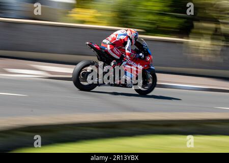 Portstewart, UK. 11th May, 2023. Number #34 Alastair Seeley Riding a Ducati zipping towards Metropole Corner During Official  Practice circuits at the NorthWest200 Credit: Bonzo/Alamy Live News Stock Photo