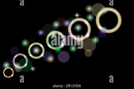 Abstract, multicolored, neon, bright, glowing circles, balls, bubbles, planets with stars on a black background of space. Vector illustration. Stock Vector