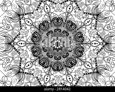 Grayscale hand drawn mandala black with white background. Coloring book design, pattern for relaxing colouring. Stock Photo