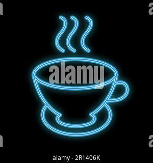 A simple abstract neon bright glowing flashing blue icon, a signboard from a hot delicious tea mug and an inscription tea time and copy space on a whi Stock Vector