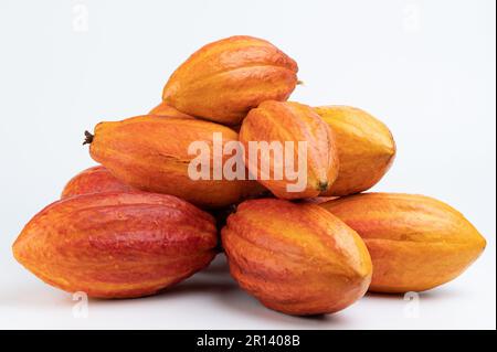 Clean wet colorful cacao pods isolated on white studio background Stock Photo