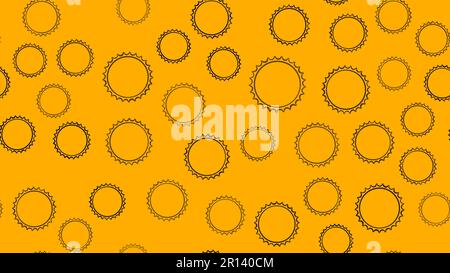 Texture seamless pattern of black round abstract carved metal beer caps with sharp edges for clogging beer bottles used in brewing gears on a yellow b Stock Vector