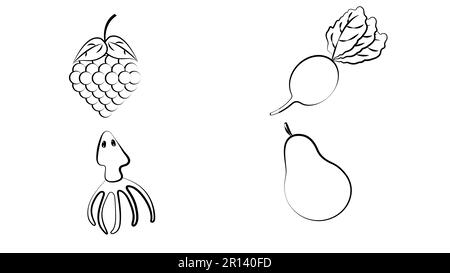 Fruit and Vegetables icon set. Vegan natural bio pictograms. Artichoke, asparagus, wheat, bananas, grapes, leeks, garlic, ginger. Cereals, diet. Stock Vector