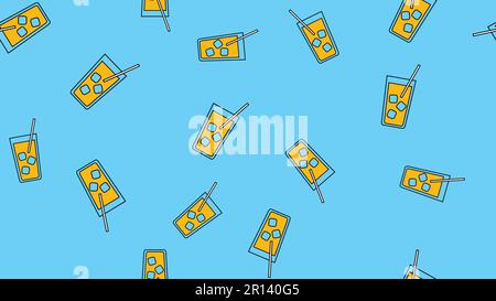 Texture seamless pattern of beautiful nice tasty refreshing alcoholic drinks cocktails with straw and ice on a blue background. Vector illustration. Stock Vector