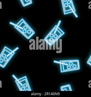 Seamless pattern, texture abstract neon bright glowing glowing blue from the bar icons from glasses with cocktails with tubules and ice and copy space Stock Vector