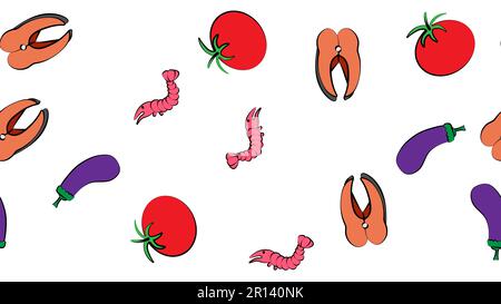 Seamless pattern vegetables and seafood eggplant shrimp salmon tomatoes delicious sweet fresh beautiful on a white background. The texture is endless. Stock Vector