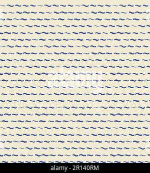 Scribbled grunge wave line seamless pattern. Doodle hand-drawn paint brush design, horizontal geometrical grid template, monochrome blue marine tones Stock Vector
