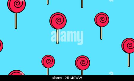 sweet round caramel on a stick, on a blue background, vector illustration, pattern. appetizing red lollipop, sugar candy. kitchen, restaurant decorati Stock Vector