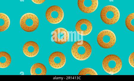 Cartoon donuts with pink glaze and colored sprinkles on white background. Seamless pattern. Texture for fabric, wrapping, wallpaper. Stock Vector