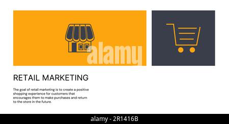 Retail Marketing Banner on Orange and Dark Background. Stylish Marketing Banner with Black Text and Colored Icons for Business and Marketing Stock Vector