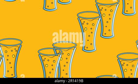 Seamless pattern of yellow repeating alcoholic beer glasses glass with beer frothy hop glass of malt craft lager on a yellow background for St. Patric Stock Vector