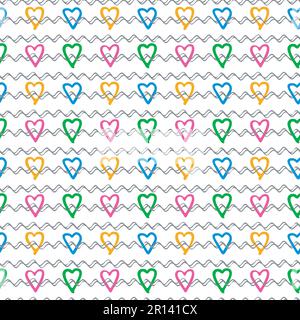 Scribbled wave line seamless pattern, doodle hand drawn paint brush design, heart shapes, horizontal geometrical grid, colorful rainbow tones color Stock Vector