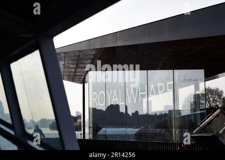 Royal Wharf Pier, a stopping point on the river Thames, London, England, for the Uber Boat travel service run by Thames Clippers. Stock Photo