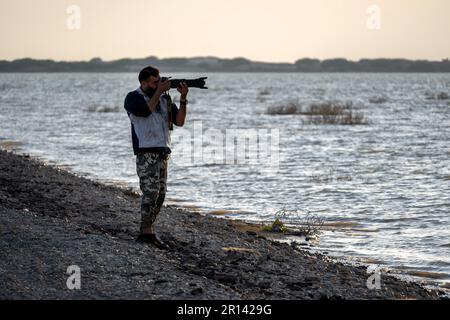 Bird Watcher Silhouette photographer on beach Stock Photo