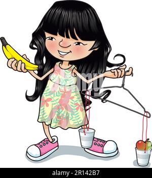 Art illustration of young girl holding a coat hanger balance scale, weighing apples & bananas, simple homemade balance for testing weighing comparing Stock Photo