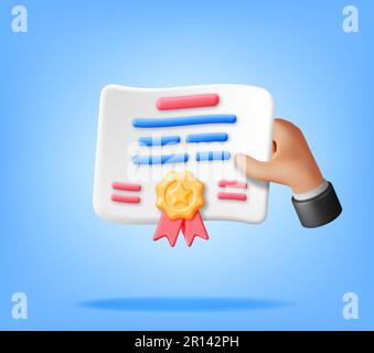 3D Certificate Icon with Stamp and Ribbon in Hand Stock Vector