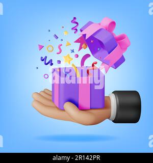 3D Open Gift Box With Falling Confetti in Hand Stock Vector