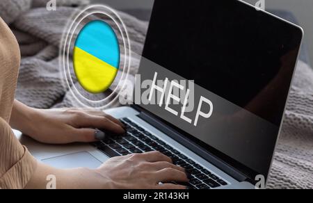 virtual screen with help to Ukraine Stock Photo