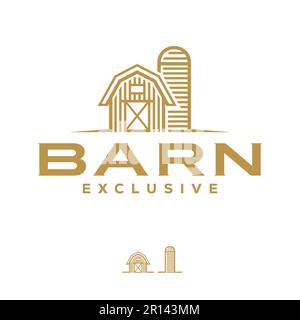 Wooden Barn Farm Minimalist Logo Golden Line Vintage Retro Art Icon Stock Vector