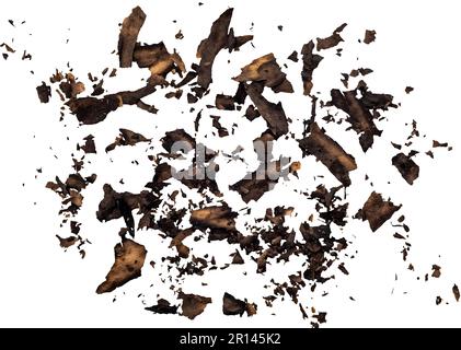 Small pieces of burnt paper on a white background. Ash. burnt paper Stock Photo