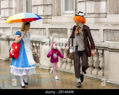 London, UK. 11th May, 2023. UK weather Alison in wonderland in Whitehall during spring rain. Credit: Ian Davidson/Alamy Live News Stock Photo