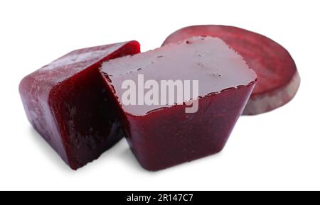 Frozen beetroot puree cubes and fresh beetroot isolated on white Stock Photo
