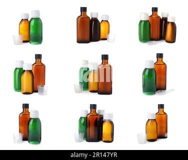 Set with bottles of cough syrup on white background Stock Photo
