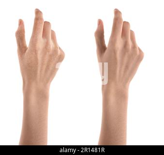 Collage with photos of woman showing hands with dry and moisturized skin on white background, closeup Stock Photo