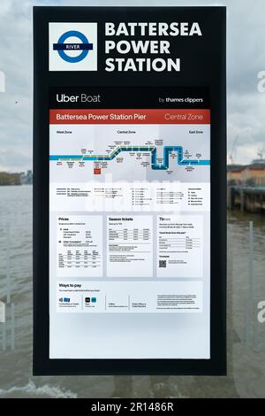 Battersea Power Station Pier, a stopping point on the river Thames, London, England, for the Uber Boat travel service run by Thames Clippers. Stock Photo