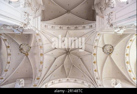 Averbode, Laakdal, Belgium -  April 21, 2023 - Decorated white ceiling of the John the Baptist Abbey church Stock Photo