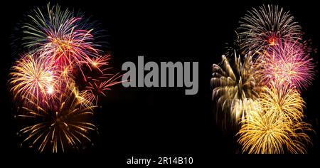 Bright and colorful fireworks on black background. Background for birthday celebrations, big events and parties Stock Photo