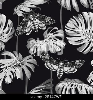 Monstera leaves and Death's Head Hawk Moth. Tropical black and white seamless pattern. Stock Vector