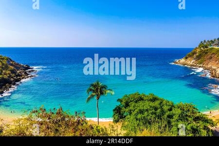 Beach sand turquoise blue water rocks cliffs boulders palm trees huge big surfer waves and panorama view on the beach Playa Carrizalillo in Puerto Esc Stock Photo