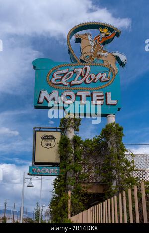 Neon sign for El Don Motel with a cowboy riding a horse, a lasso in his hand, on Central Avenue, Route 66 in Old Town, Albuquerque, New Mexico. Stock Photo