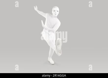 Portrait of man in white mask and bodysuit costume dancing on light grey background Stock Photo