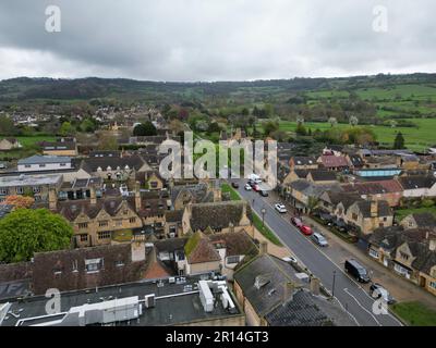 High street Broadway large village  Worcestershire UK drone , aerial, Stock Photo