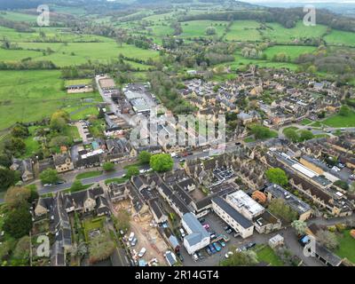 Streets and roads Broadway large village  in Worcestershire UK drone , aerial, Stock Photo