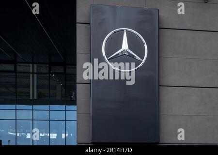 Wroclaw, Poland - April 4, 2023: Mercedes Benz logo on company building. Stock Photo